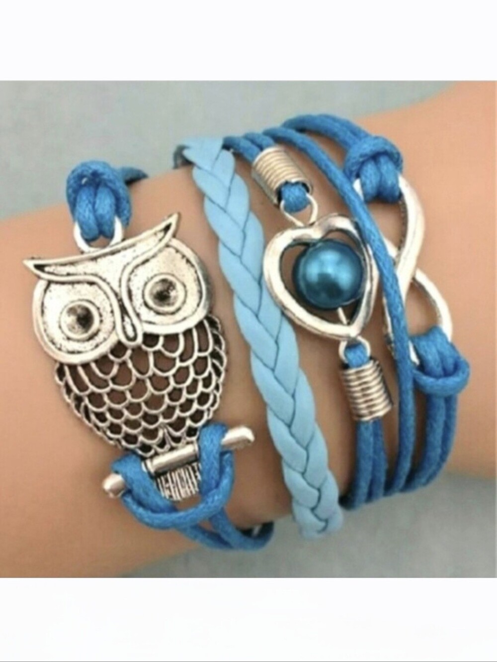 Blue Silver Owl Infinity Heart Pearl Layered Layering Tiered Rope Charm Bracelet